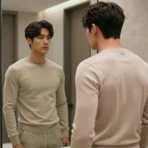 베이지색 지오다노 피케 카라티를 입은 남성이 거울 앞에서 착용 모습을 보여주고 있다. 슬림한 핏이 깔끔하게 떨어지며 카라 디테일이 단정하다.