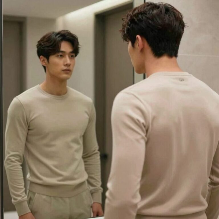 베이지색 지오다노 피케 카라티를 입은 남성이 거울 앞에서 착용 모습을 보여주고 있다. 슬림한 핏이 깔끔하게 떨어지며 카라 디테일이 단정하다.