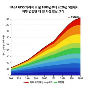 NASA GISS 데이터로 본 1880년부터 2026년 5월까지 지구 연평균 기온 이상 변화 그래프. 1970년대 이후 가파른 상승세가 뚜렷하다.