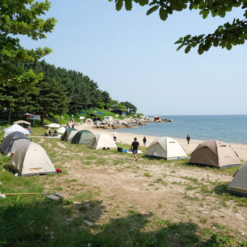 영덕 고래불 국민야영장 A07 데크 사이트 전경, 솔숲과 바다가 보이는 넓은 데크