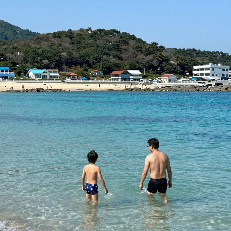 금능해수욕장에서 아들과 함께 물놀이하는 모습 에메랄드빛 바다와 야자수가 배경