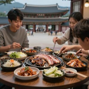 광화문 화덕삼겹살과 밑반찬이 차려진 식탁 모습