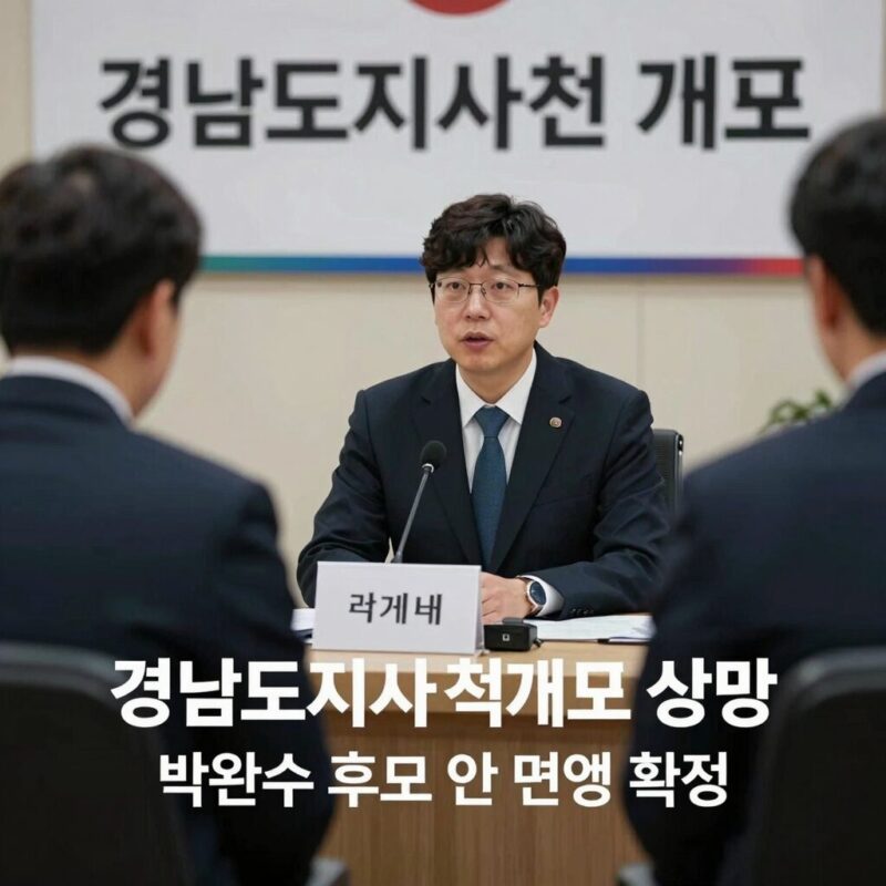 경남도지사 선거 개표 상황과 박완수 후보 연임 확정 소식이 담긴 이미지