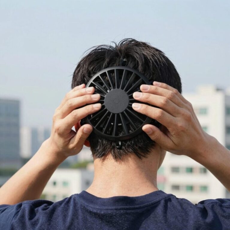 핸디선풍기 냉각패드로 목 뒤 열기 식히는 테스트 장면