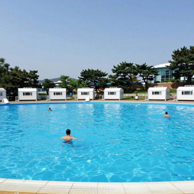 합천 휴테마파크 카라반 수영장 전경 여름 물놀이