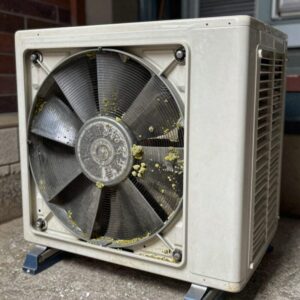 하우젠 스탠드 에어컨 분해 후 증발기와 송풍팬에 쌓인 곰팡이 오염 모습