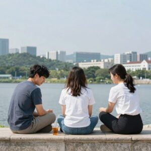 더위 먹었을때 응급 대처 방법 그림으로 시원한 장소에서 휴식과 수분 섭취를 강조하는 이미지