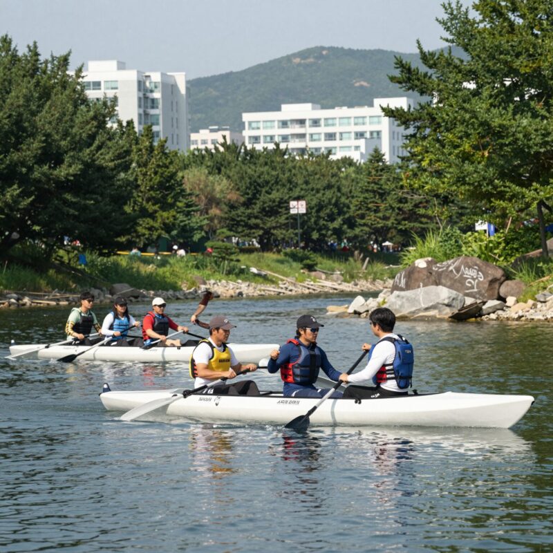 스테이그라찌아 앞 프라이빗 계곡에서 고무보트 타는 모습