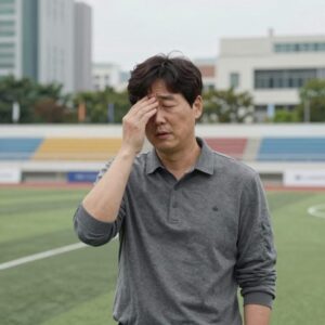 홍명보 감독이 월드컵 경기 후 실망한 표정으로 그라운드를 바라보고 있는 모습