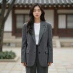 홍이설 스타일 완벽 따라잡기 홍이설이 오버사이즈 블레이저와 와이드 팬츠를 입고 있는 모습. 자연스러운 웨이브 헤어와 미니멀 액세서리가 돋보임.