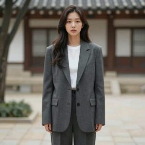 홍이설이 오버사이즈 블레이저와 와이드 팬츠를 입고 있는 모습. 자연스러운 웨이브 헤어와 미니멀 액세서리가 돋보임.