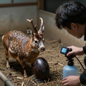사슴벌레 사육통 옆에 놓인 온습도계와 분무기
