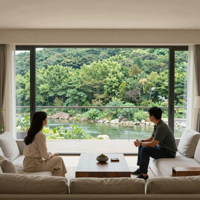 화순금호리조트 휴그린패밀리룸 거실과 발코니 뷰, 초록 숲과 하천이 보이는 힐링 공간