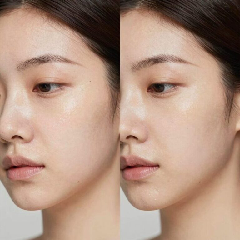 피부 하이드레이션 상태를 비교한 이미지로 왼쪽은 건조한 피부 오른쪽은 수분이 충분한 건강한 피부
