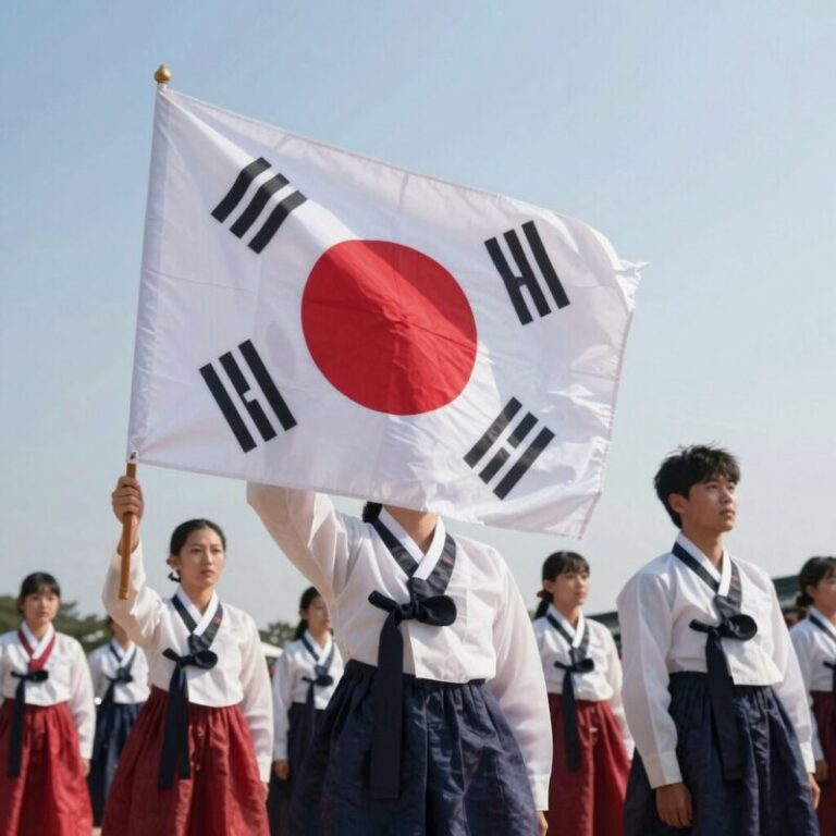 현충일 조기 게양한 태극기가 바람에 펄럭이는 모습