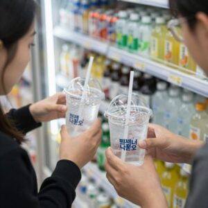 편의점에서 구매한 스파클링 아이스컵과 음료를 준비하는 모습