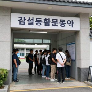 잠실종합운동장 내 투표소 입구 모습 유권자들이 줄을 서 기다리고 있다