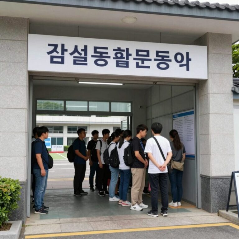 잠실종합운동장 내 투표소 입구 모습 유권자들이 줄을 서 기다리고 있다
