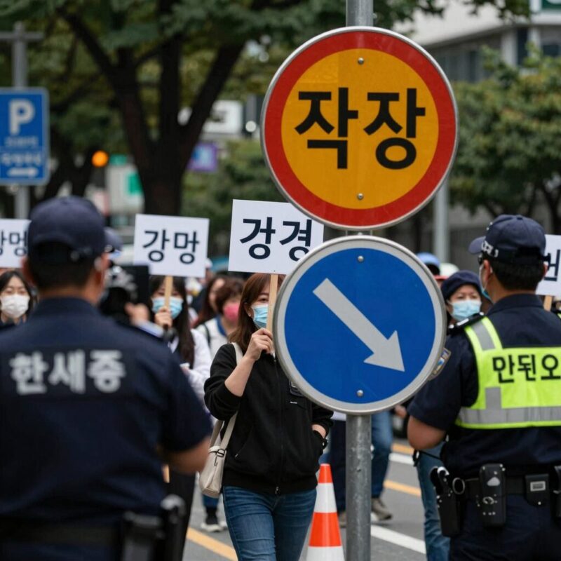 잠실시위 꼭 알아야 할 정보 1 Protest at Jamsil Sports Complex with traffic control signs and police presence