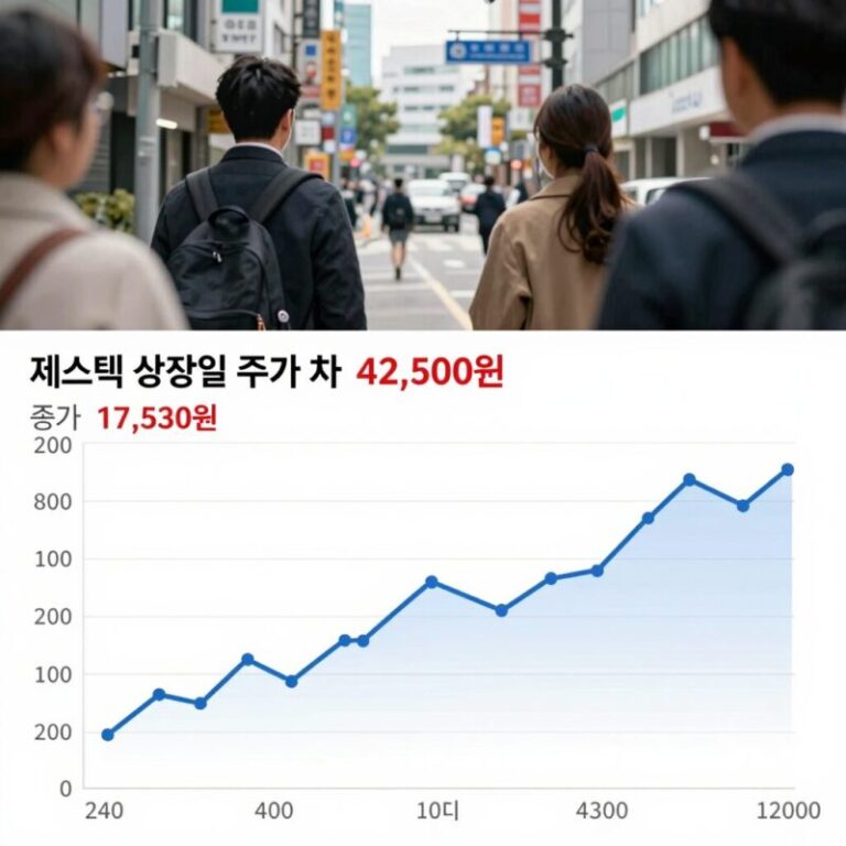 져스텍 상장일 주가 차트 - 장중 고점 42,500원에서 종가 17,530원으로 급락한 모습