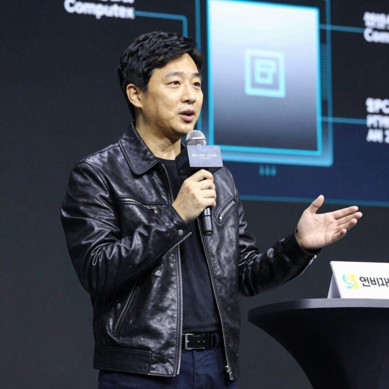 엔비디아 CEO 젠슨황이 Computex 2026에서 새 AI 칩을 발표하며 가죽재킷 차림으로 연설하는 모습