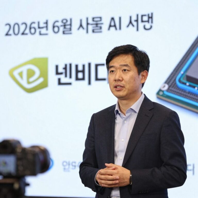 젠슨황 CEO가 2026년 6월 서울 AI 서밋에서 기조연설을 하는 모습, 배경에는 엔비디아 로고와 AI 반도체 그래픽이 보인다