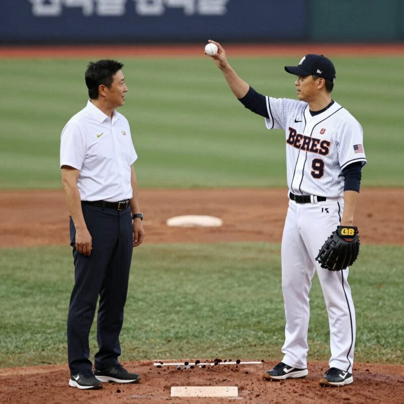 젠슨황 두산 시구 숨은 이유 1 젠슨황 엔비디아 CEO가 두산베어스 유니폼을 입고 잠실야구장 마운드에서 시구하는 상상도