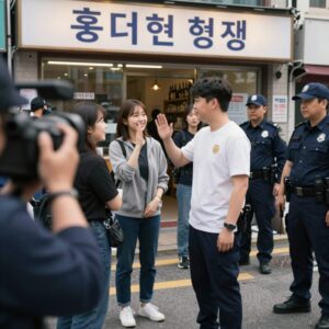 젠슨황이 홍대 형님저요 식당 앞에서 팬들에게 인사하고 있는 모습. 주변에 경찰과 취재진이 둘러싸고 있다.