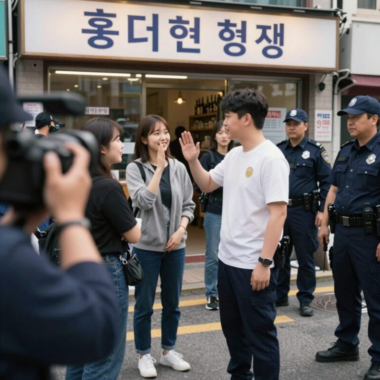 젠슨황이 홍대 형님저요 식당 앞에서 팬들에게 인사하고 있는 모습. 주변에 경찰과 취재진이 둘러싸고 있다.