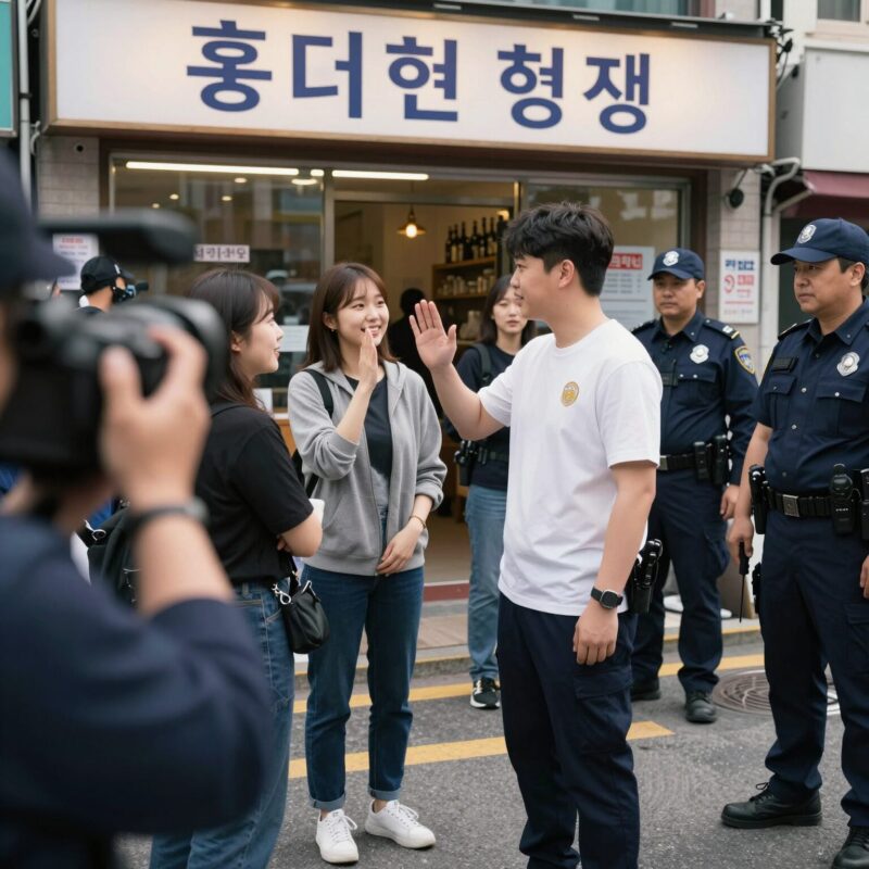 젠슨황이 홍대 형님저요 식당 앞에서 팬들에게 인사하고 있는 모습. 주변에 경찰과 취재진이 둘러싸고 있다.