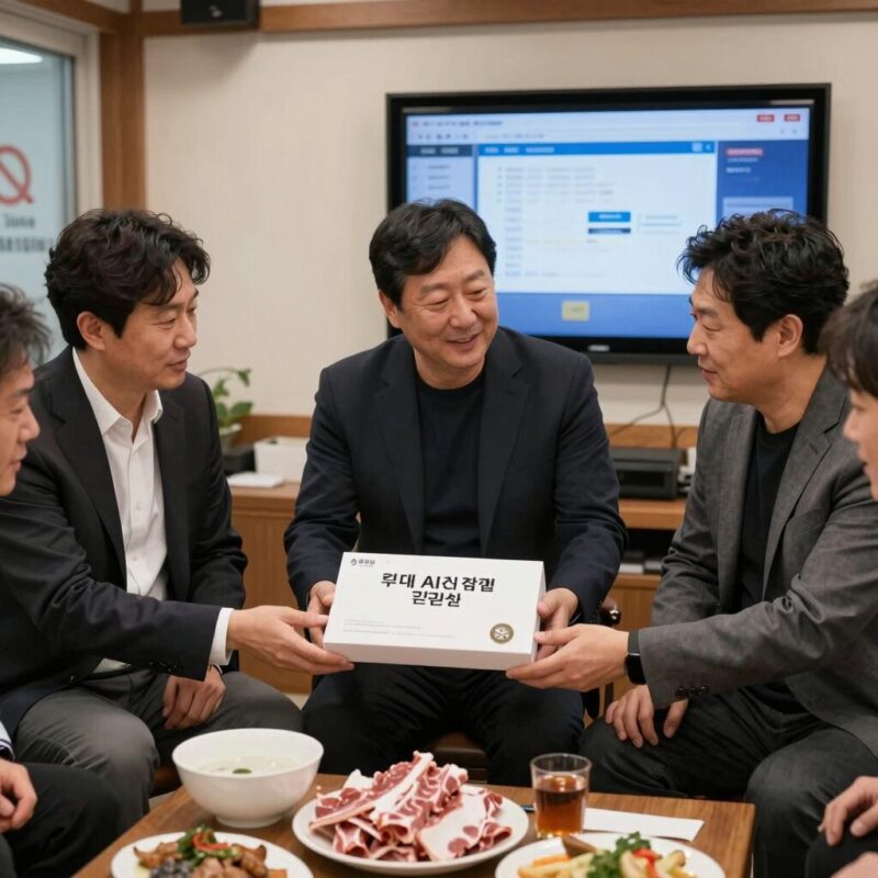 젠슨황이 서울 홍대 삼겹살집에서 한국 재계 총수들과 회동하며 AI 선물 4가지를 발표하는 모습