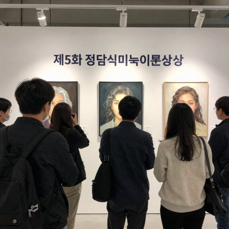 정점식미술이론상 5회 시상식 현장 1 제5회 정점식미술이론상 시상식에서 참석자들이 포토월 앞에서 기념촬영을 하고 있다