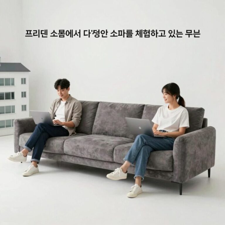 프리덴 쇼룸에서 다양한 소파를 체험하고 있는 모습