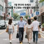7월 무더위 속에서 인사말을 주고받는 사람들의 일러스트