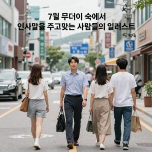 7월 무더위 속에서 인사말을 주고받는 사람들의 일러스트