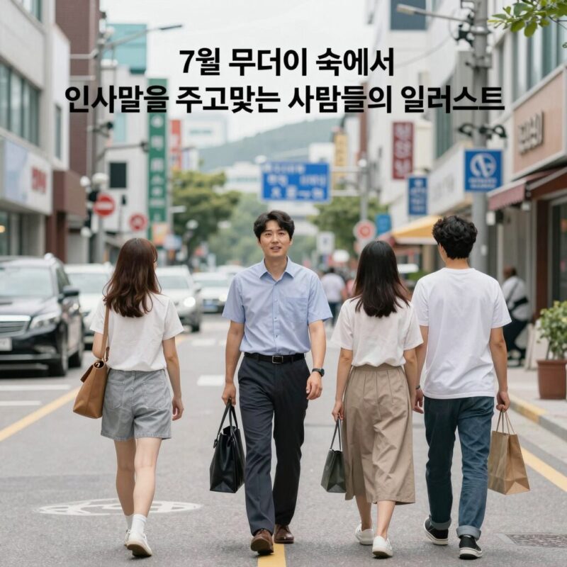 7월 무더위 속에서 인사말을 주고받는 사람들의 일러스트