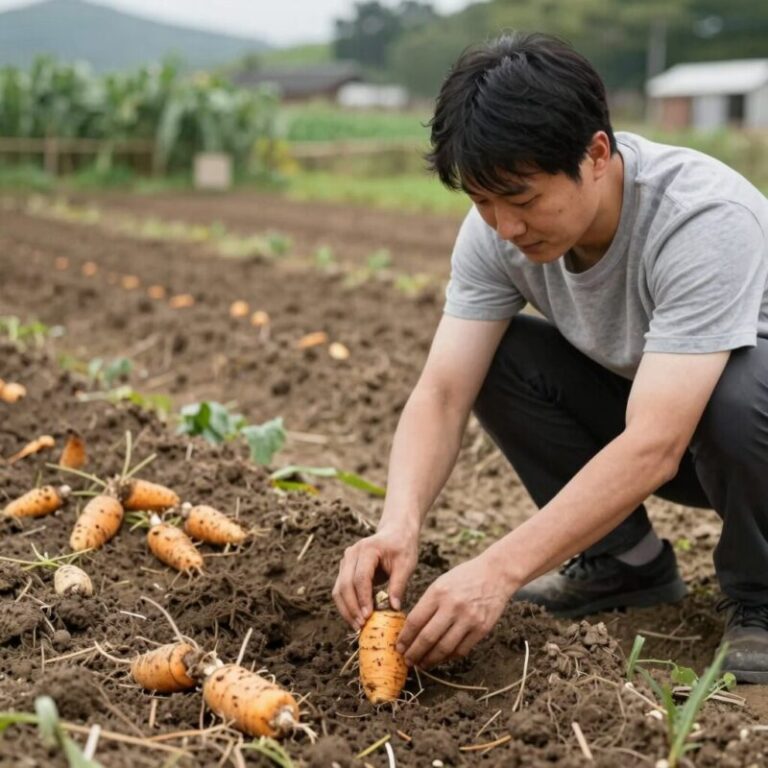 6월 텃밭에 고구마 순을 심고 있는 모습