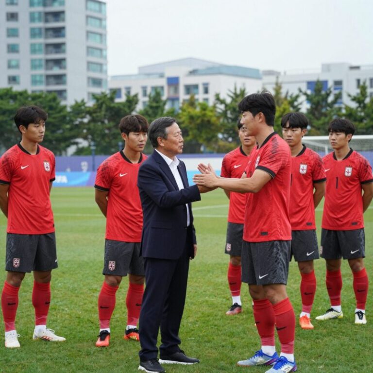 정몽규 대한축구협회장이 2026 FIFA 월드컵 현장에서 선수들을 격려하는 모습