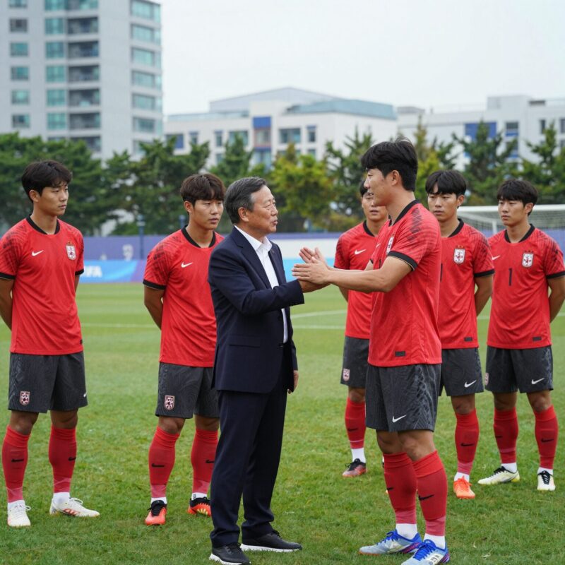 정몽규 대한축구협회장이 2026 FIFA 월드컵 현장에서 선수들을 격려하는 모습