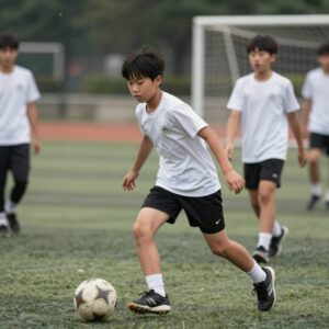 활동적인 주니어가 편안한 반바지를 입고 운동하는 모습
