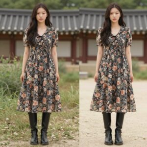 카리나 서재페 페스티벌룩 빈티지 플라워 원피스 부츠 매치