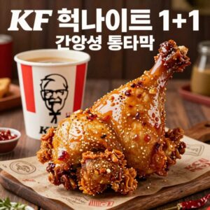 KFC 치킨나이트 1+1 행사 메뉴 사진 핫크리스피와 갓양념 통다리 포장 모습