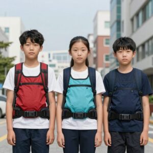 키즈래쉬가드 선택 시 핏과 소재를 확인하는 모습
