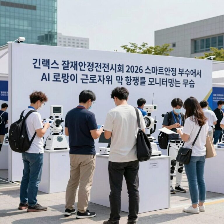 킨텍스 국제안전보건전시회 2026 스마트안전 부스에서 AI 로봇이 근로자 위험 행동을 모니터링하는 모습