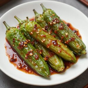 부침가루 묻혀 찐 꽈리고추에 간장 양념을 버무린 꽈리고추찜 완성 접시