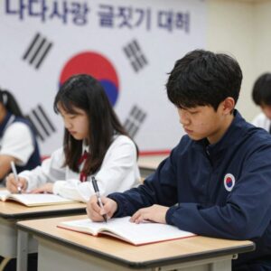 나라사랑 글짓기 대회에서 학생이 책상에 앉아 진지하게 글을 쓰고 있다. 배경에는 태극기와 글짓기 대회 포스터가 보인다.