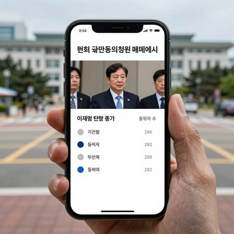 국회 국민동의청원 페이지에서 이재명 대통령 탄핵 청원 동의자 수 증가 추이를 나타내는 모바일 화면