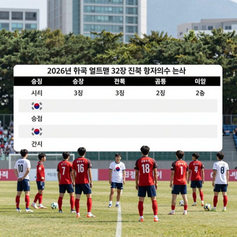 2026년 한국 월드컵 32강 진출 경우의수 분석 이미지. 한국 대표팀 선수들이 그라운드에 서 있는 모습과 함께 승점, 골득실 등의 경우의수 다이어그램