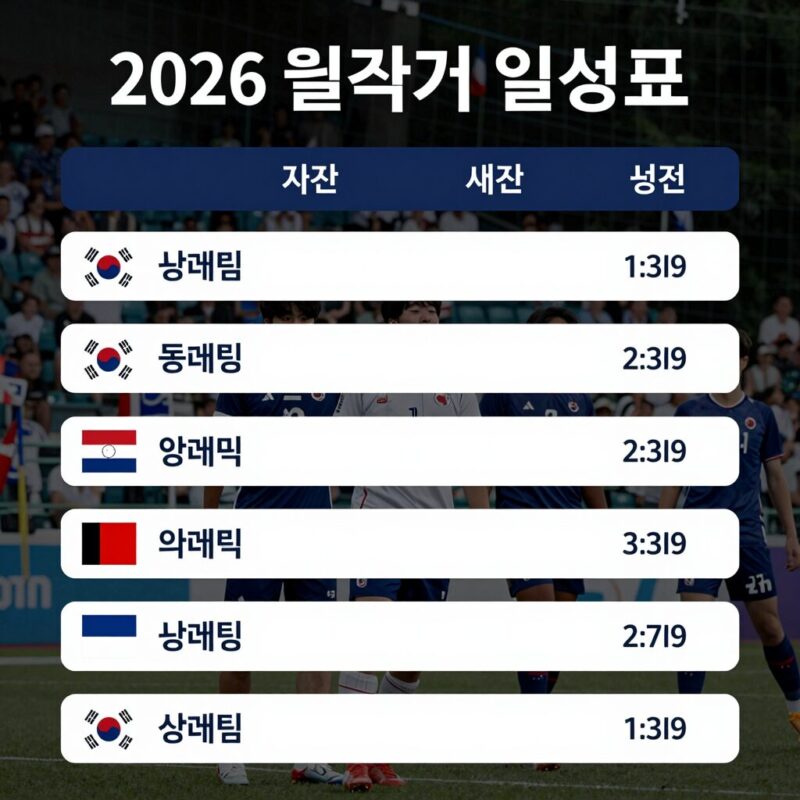 2026 월드컵 한국 경기 일정표가 표시된 이미지. 조별리그 3경기의 날짜, 시간, 상대팀이 정리되어 있음.