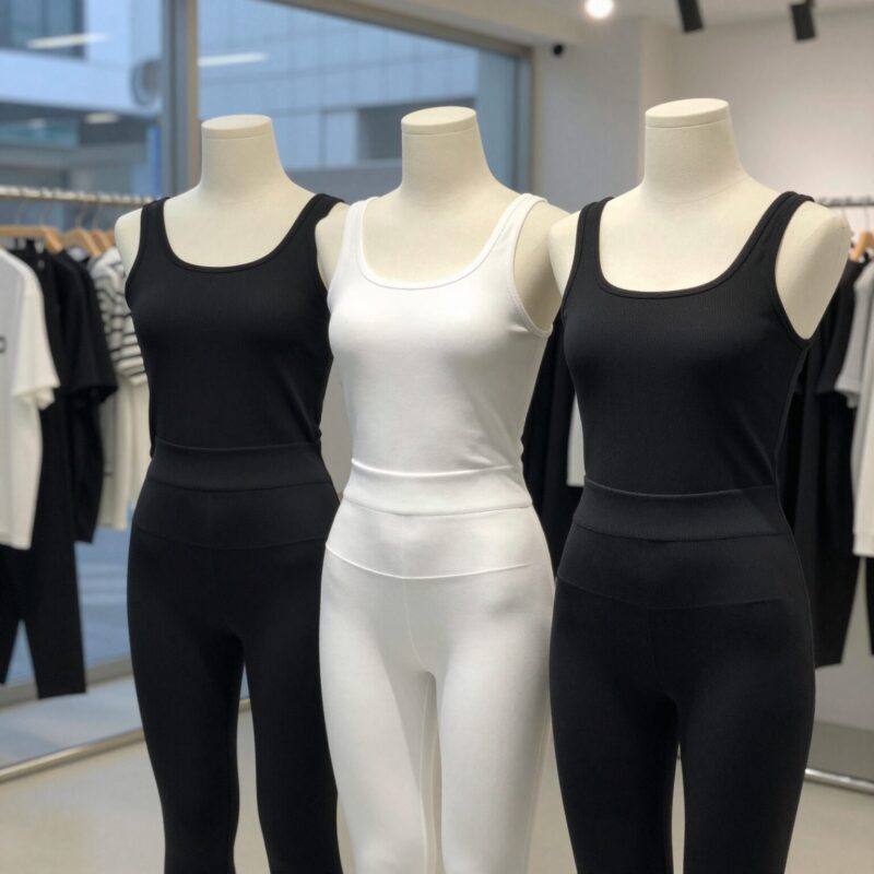 LAP원피스 스모킹 밴드 디자인 블랙 화이트 민트 세 가지 컬러가 진열되어 있는 매장 사진. 허리 부분의 촘촘한 주름이 눈에 띈다.